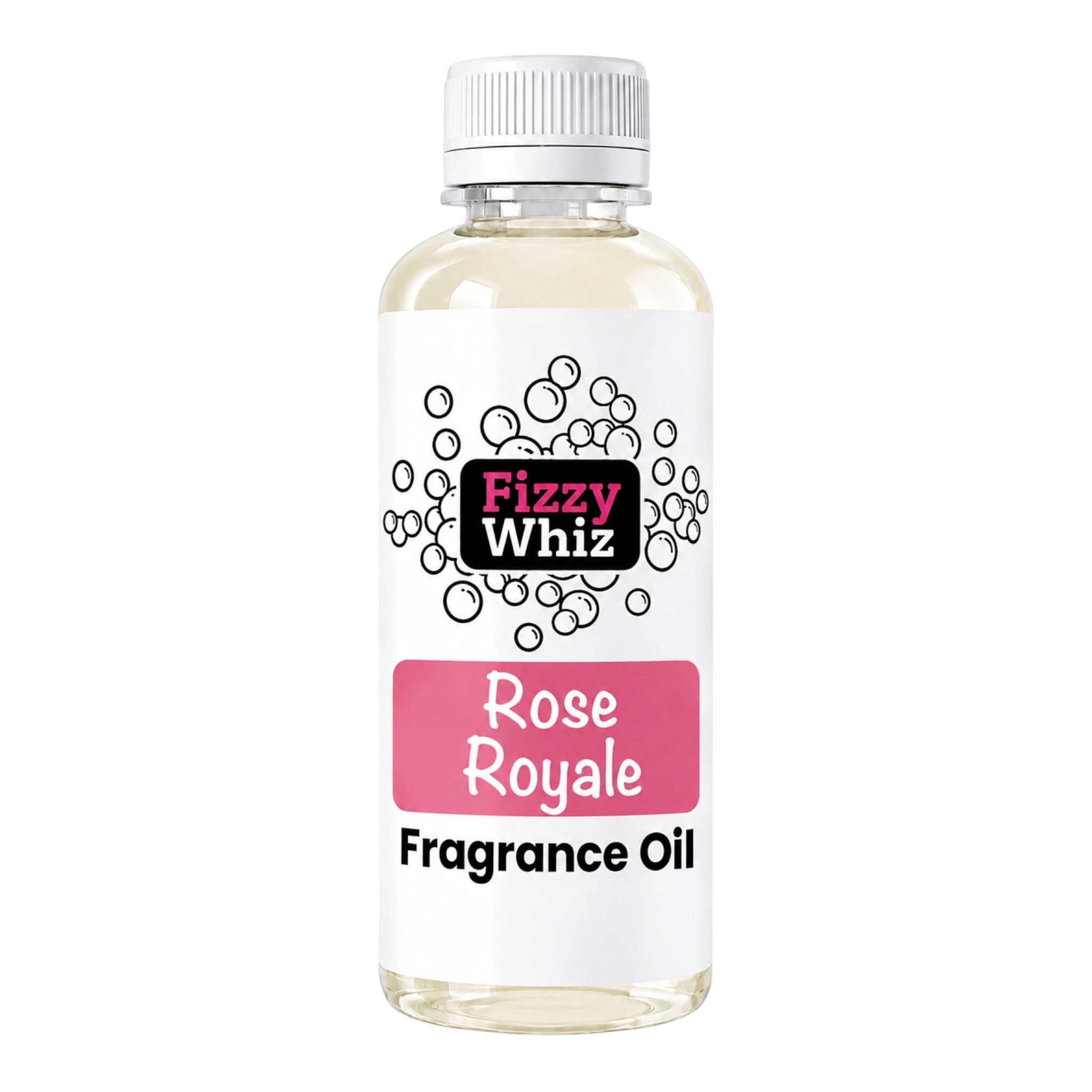 A bottle of Fizzy Whiz Rose Royale Fragrance Oil on a solid white background. The bottle is clear glass showing the pale yellow liquid inside, topped with a white ribbed cap and a white label featuring black bubble graphics and pink text.