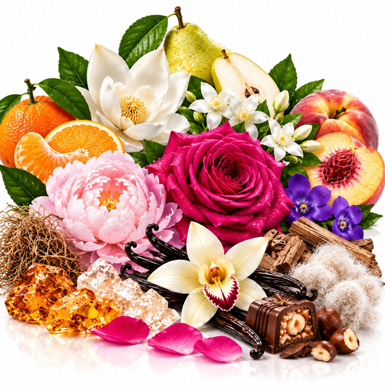 A colorful still life arrangement of flowers, fruits, chocolate, vanilla beans, crystals, and natural elements on a white background. Visible items include a large pink peony, a magenta rose, white orchid flowers, purple blossoms, sliced oranges, pears, peaches, vanilla beans, chocolate pieces, nuts, bark, moss, and amber-like crystals.