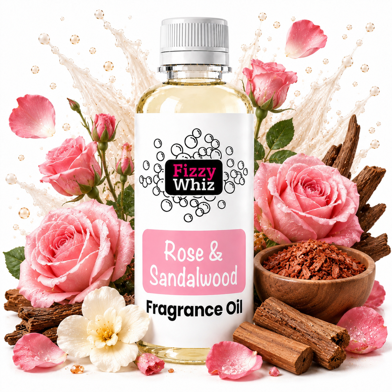 A bottle of Fizzy Whiz Rose & Sandalwood Fragrance Oil centered on a white background, surrounded by pink roses, sandalwood pieces, cinnamon sticks, and rose petals. The bottle has a white cap and a white label with pink and black text.