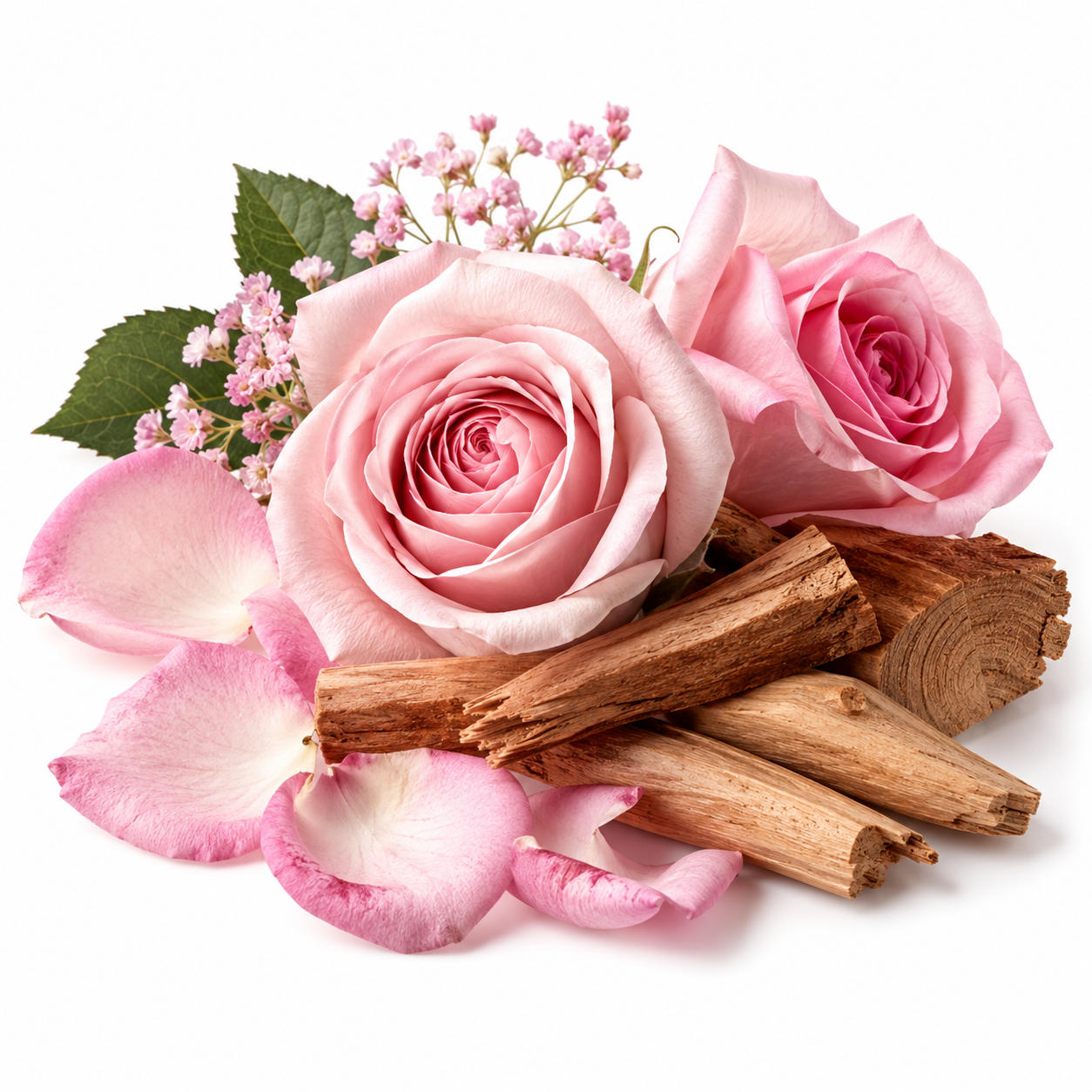 Pink roses, pink flower petals, green leaves, and natural wood bark arranged together on a clean white background.