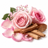 Pink roses, pink flower petals, green leaves, and natural wood bark arranged together on a clean white background.