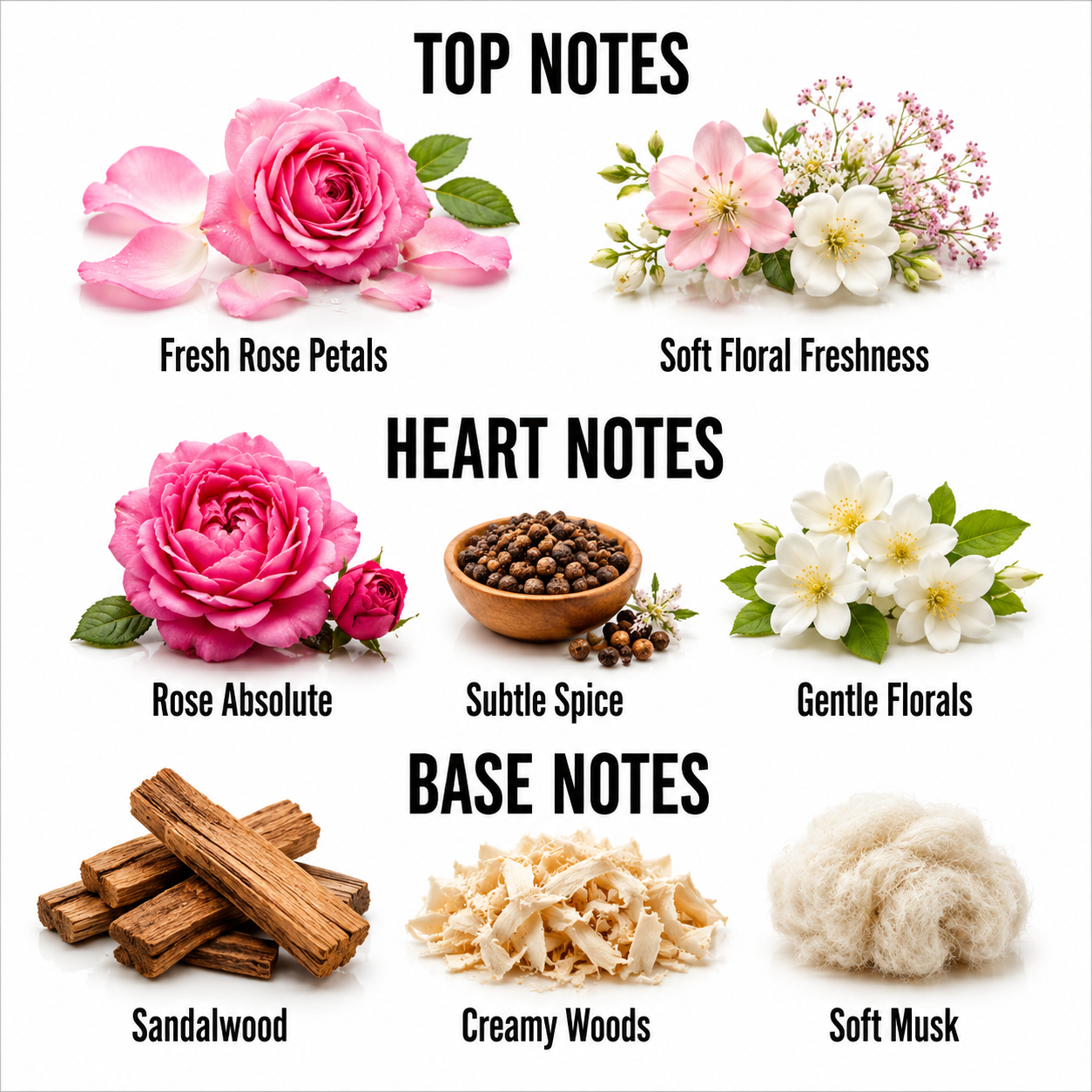 A fragrance notes graphic on a white background showing floral and material samples labeled Top Notes, Heart Notes, and Base Notes: Fresh Rose Petals, Soft Floral Freshness, Rose Absolute, Subtle Spice, Gentle Florals, Sandalwood, Creamy Woods, and Soft Musk.