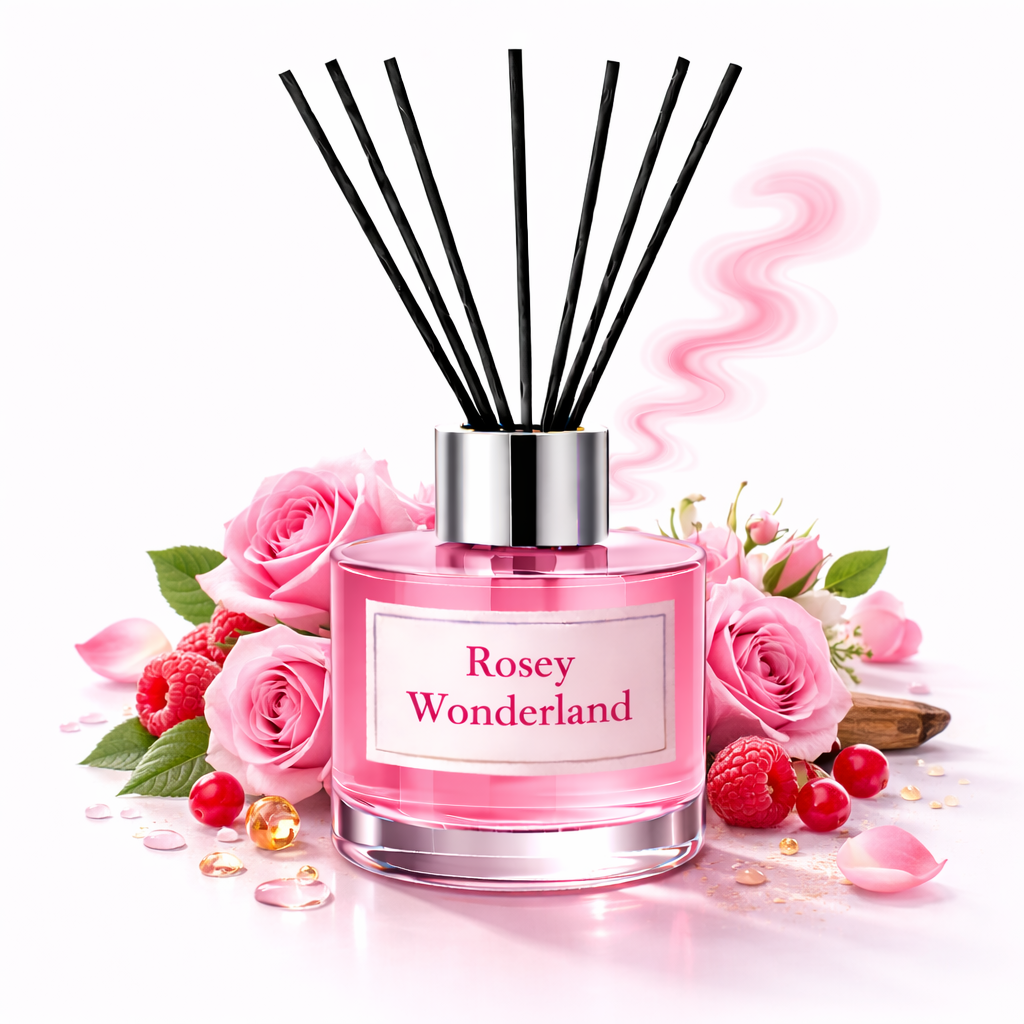 Pink diffuser bottle labeled 'Rosey Wonderland' with floral and berry decorations on a white background