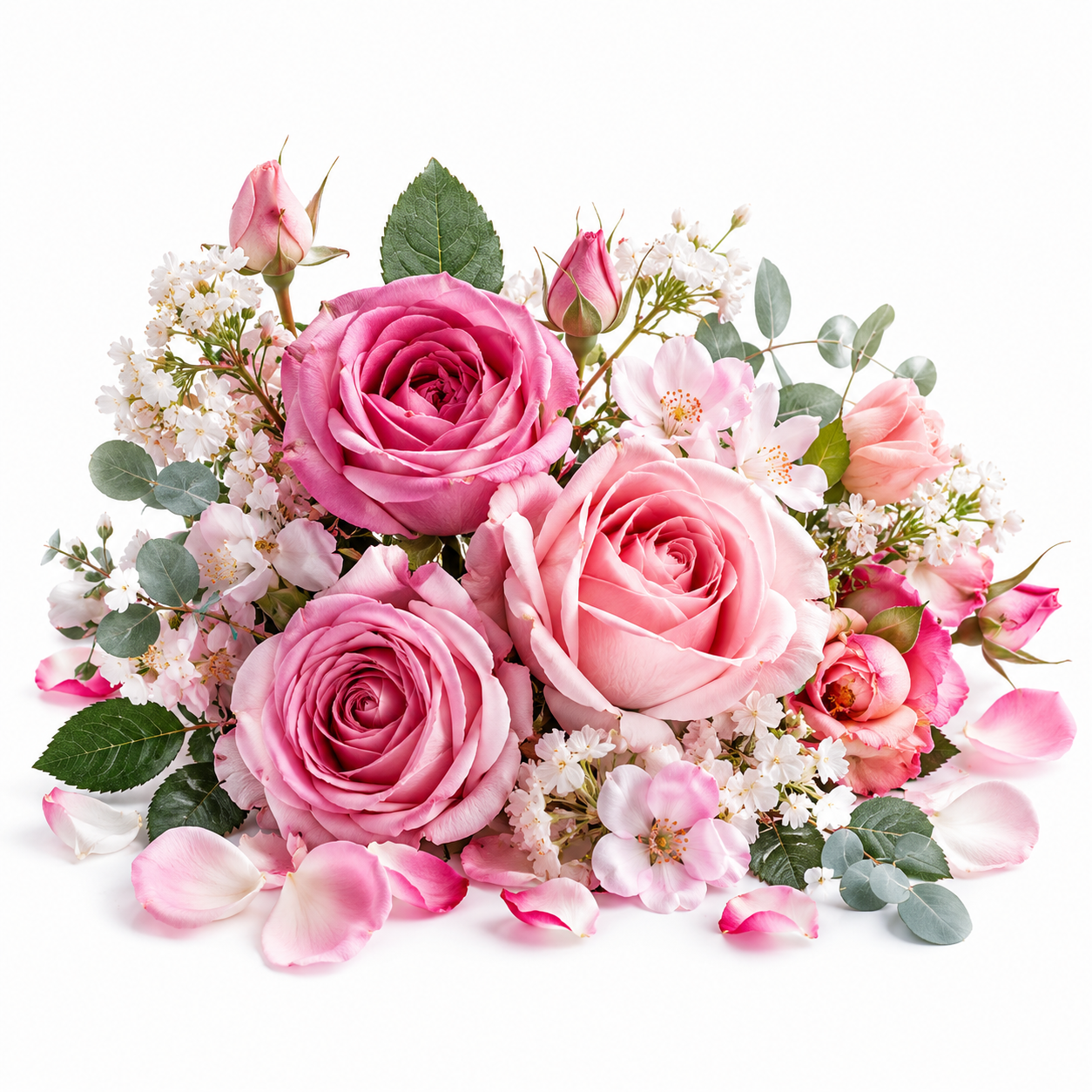 A beautiful floral arrangement of pink roses, baby's breath, green leaves, and scattered rose petals on a clean white background.