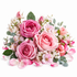 A beautiful floral arrangement of pink roses, baby's breath, green leaves, and scattered rose petals on a clean white background.