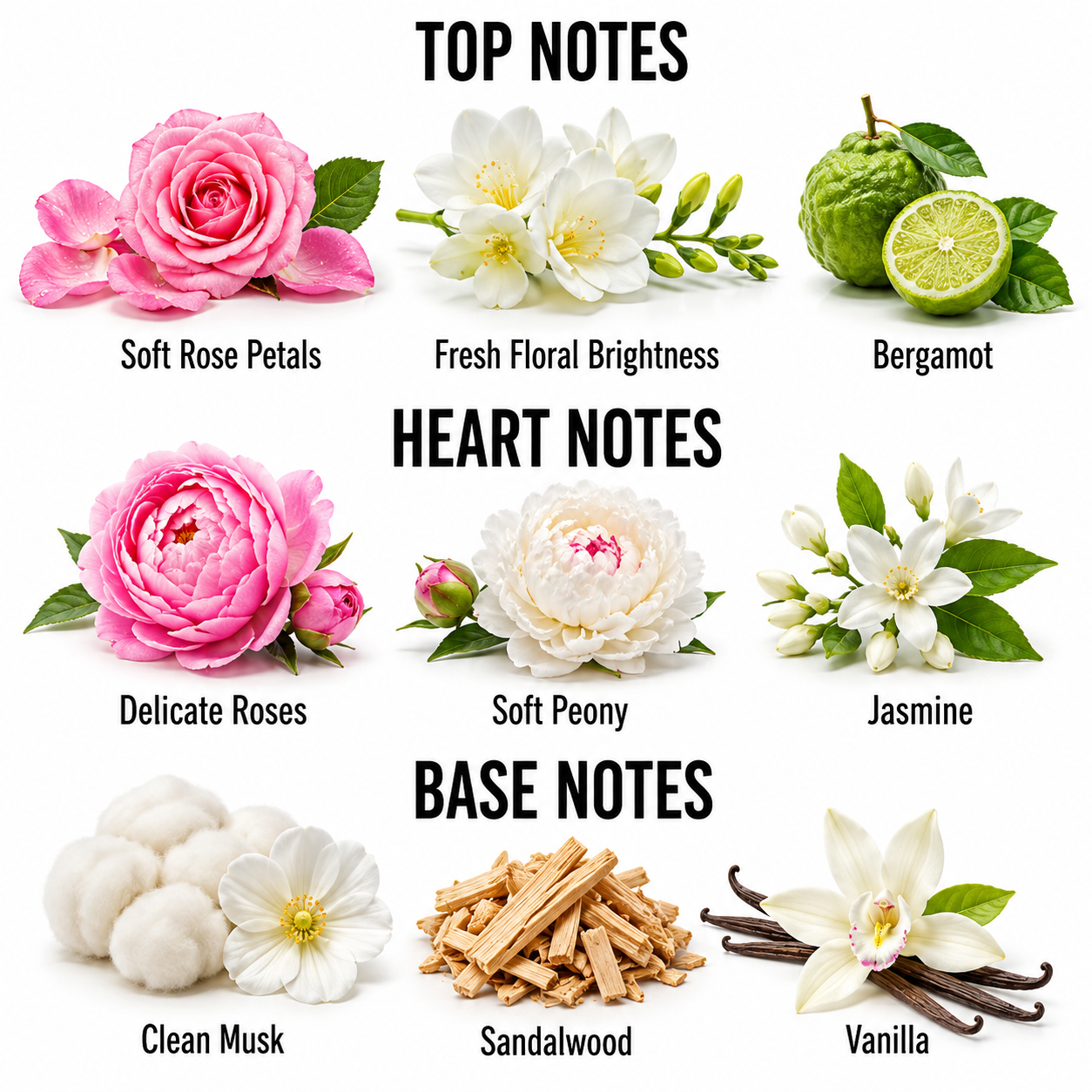 A fragrance notes graphic on a white background with the headings TOP NOTES, HEART NOTES, and BASE NOTES. The top notes show pink rose petals, white flowers labeled Fresh Floral Brightness, and bergamot.
