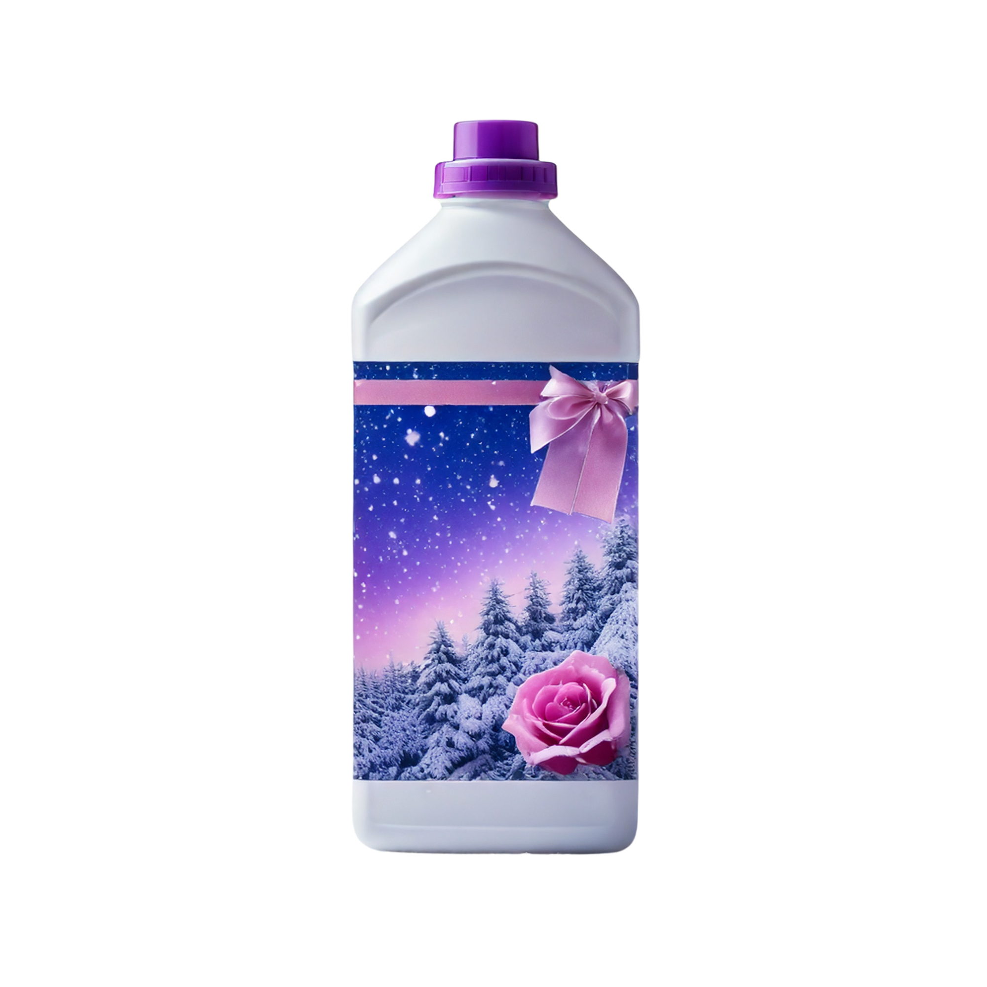 White plastic bottle with a purple screw cap and winter-themed label featuring snowy trees, a pink rose, and a ribbon detail, shown upright on a light background.