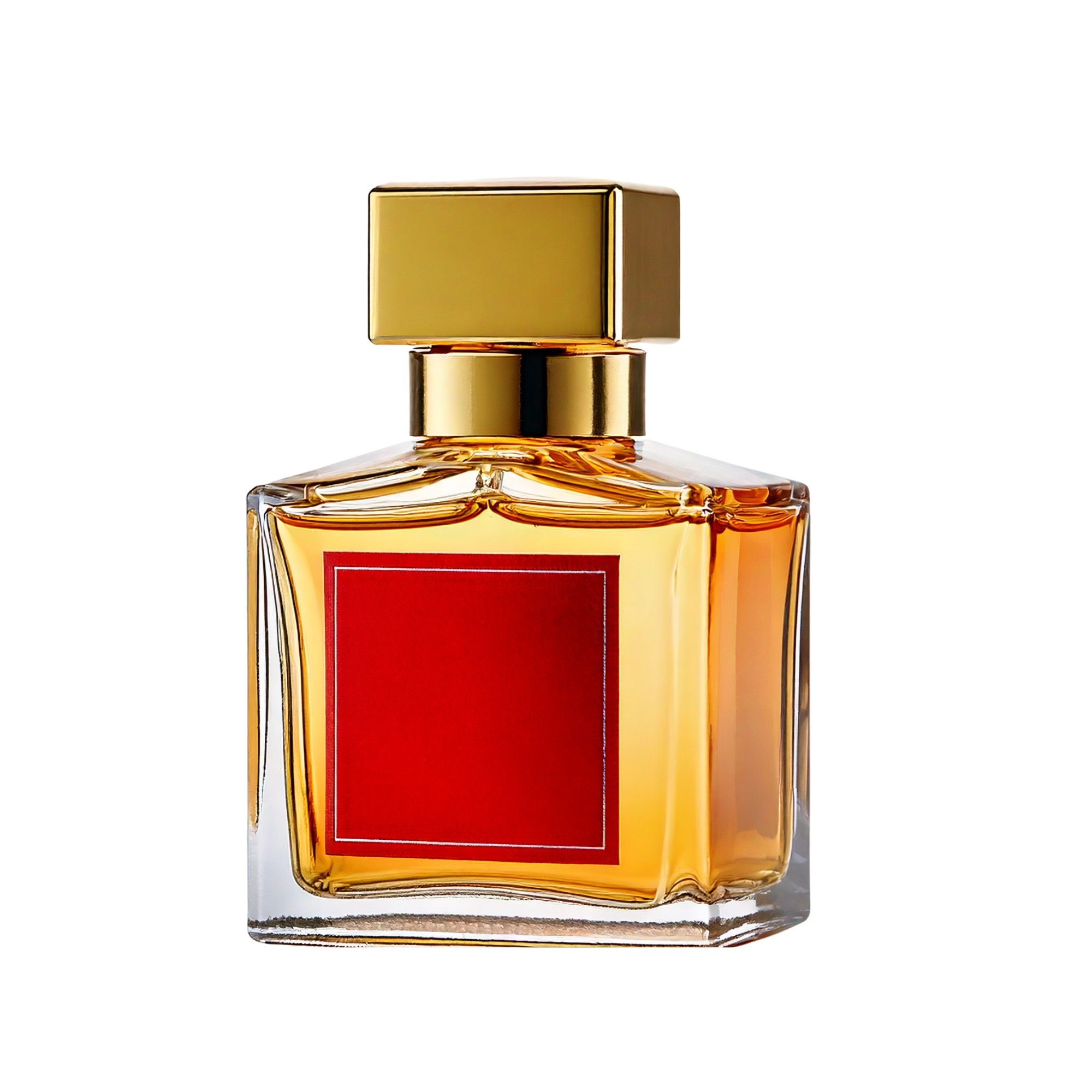 Square glass perfume bottle filled with warm amber liquid, featuring a gold rectangular cap and a red front label, displayed upright on a light background.