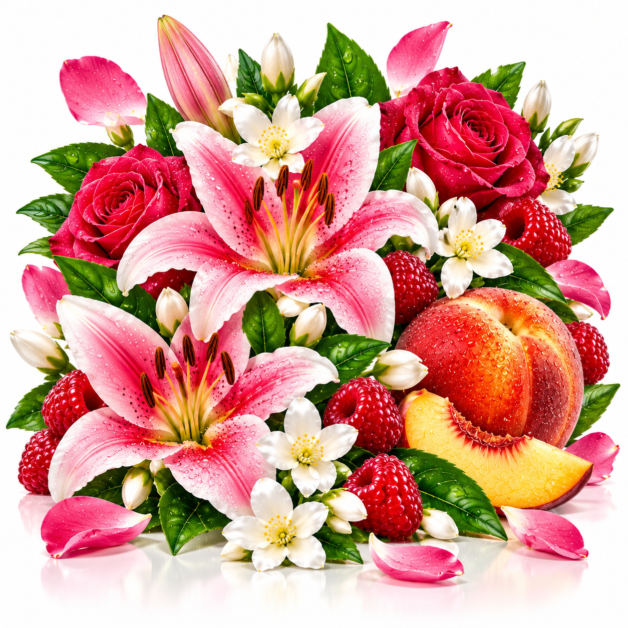 A vibrant floral and fruit arrangement featuring two large pink lilies, pink and red roses, white flowers, strawberries, green leaves, and a peach on a clean white background.