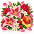 A vibrant floral and fruit arrangement featuring two large pink lilies, pink and red roses, white flowers, strawberries, green leaves, and a peach on a clean white background.