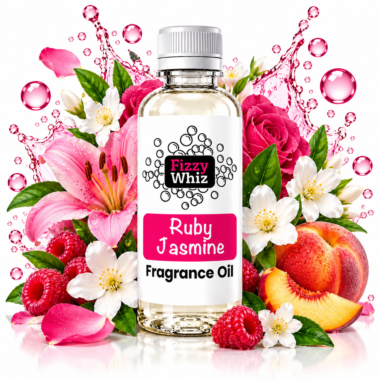 A bottle of Fizzy Whiz Ruby Jasmine Fragrance Oil centered on a white background, surrounded by pink roses, white jasmine flowers, raspberries, peaches, green leaves, and pink liquid splashes. The bottle has a white cap, clear glass, and a white label with pink and black text.