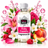 A bottle of Fizzy Whiz Ruby Jasmine Fragrance Oil centered on a white background, surrounded by pink roses, white jasmine flowers, raspberries, peaches, green leaves, and pink liquid splashes. The bottle has a white cap, clear glass, and a white label with pink and black text.