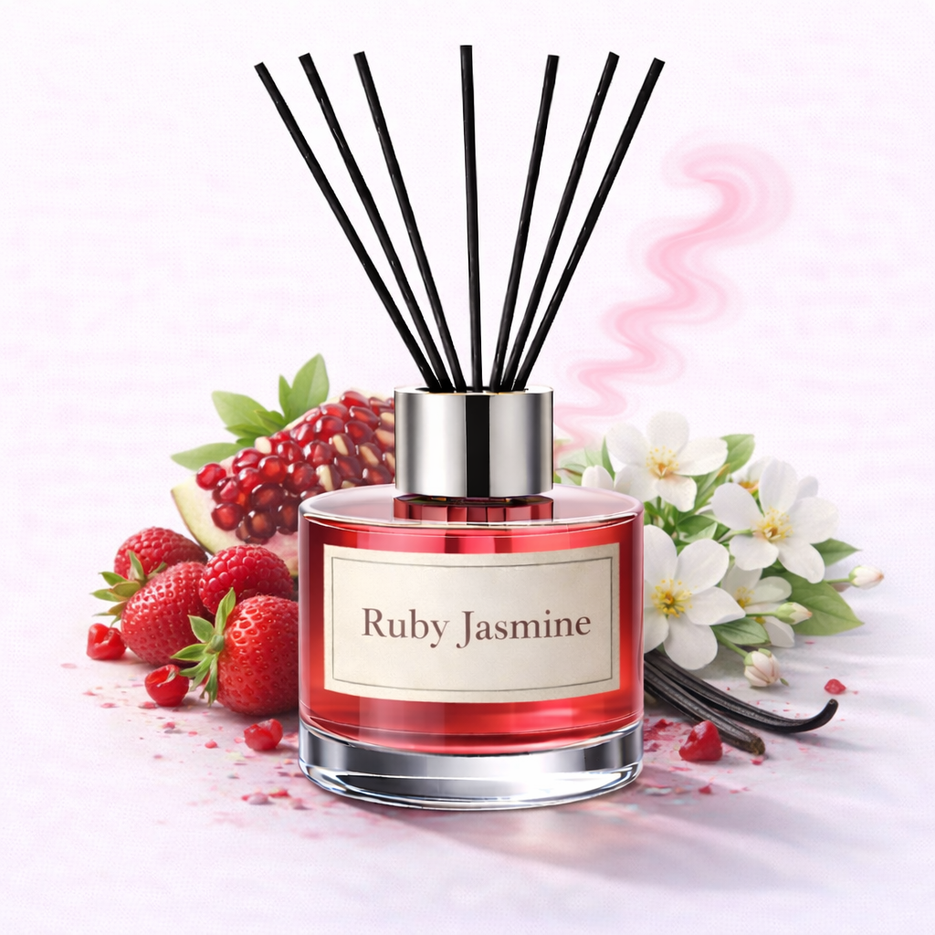 Red diffuser bottle labeled 'Ruby Jasmine' with black sticks, strawberries, pomegranate, and flowers on a white background