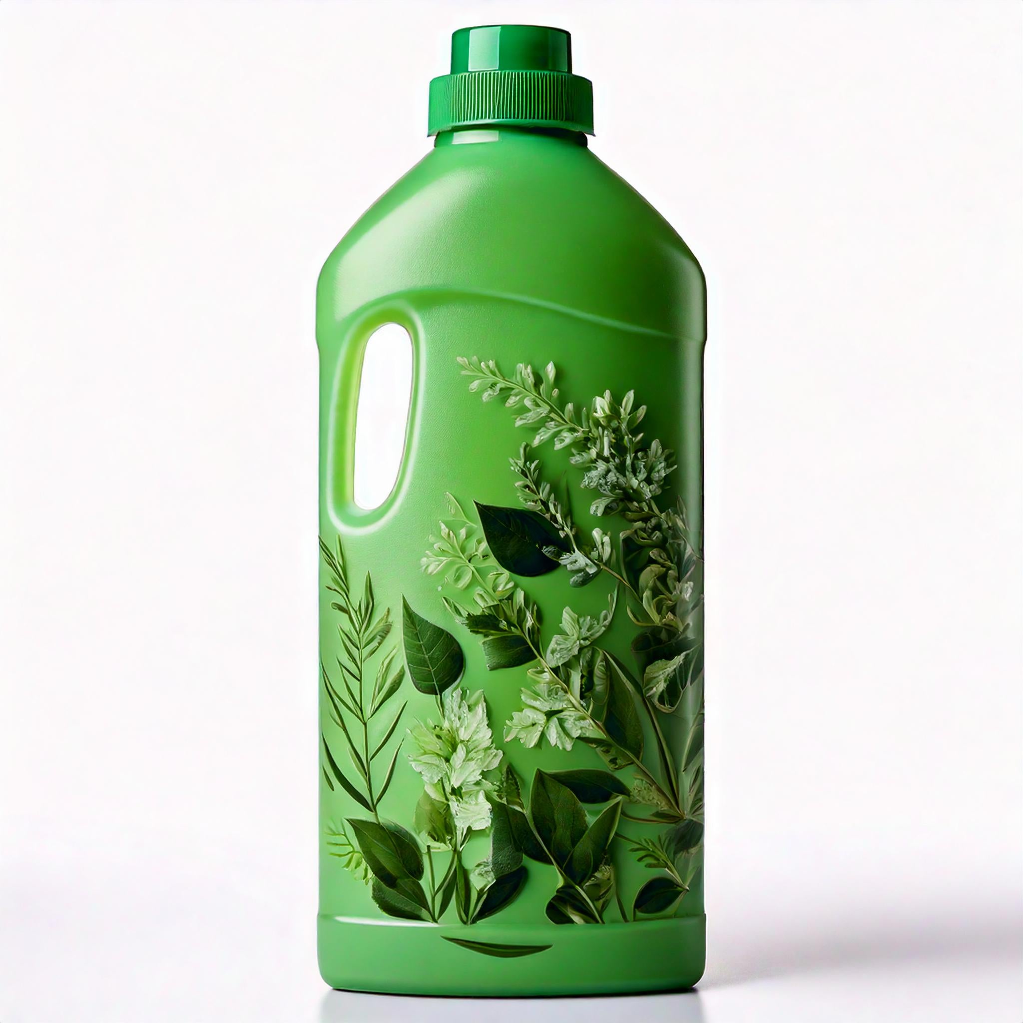 Green plastic detergent-style bottle with built-in handle and dark green screw cap, decorated with leafy botanical artwork, shown upright on a light background.