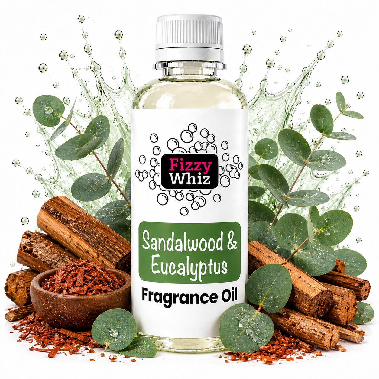 A bottle of Fizzy Whiz Sandalwood & Eucalyptus Fragrance Oil centered against a white background with decorative eucalyptus leaves, cinnamon sticks, and spice flakes arranged around it.