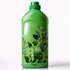 Green plastic detergent-style bottle with built-in handle and dark green screw cap, decorated with leafy botanical artwork, shown upright on a light background.
