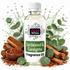A bottle of Fizzy Whiz Sandalwood & Eucalyptus Fragrance Oil centered against a white background with decorative eucalyptus leaves, cinnamon sticks, and spice flakes arranged around it.
