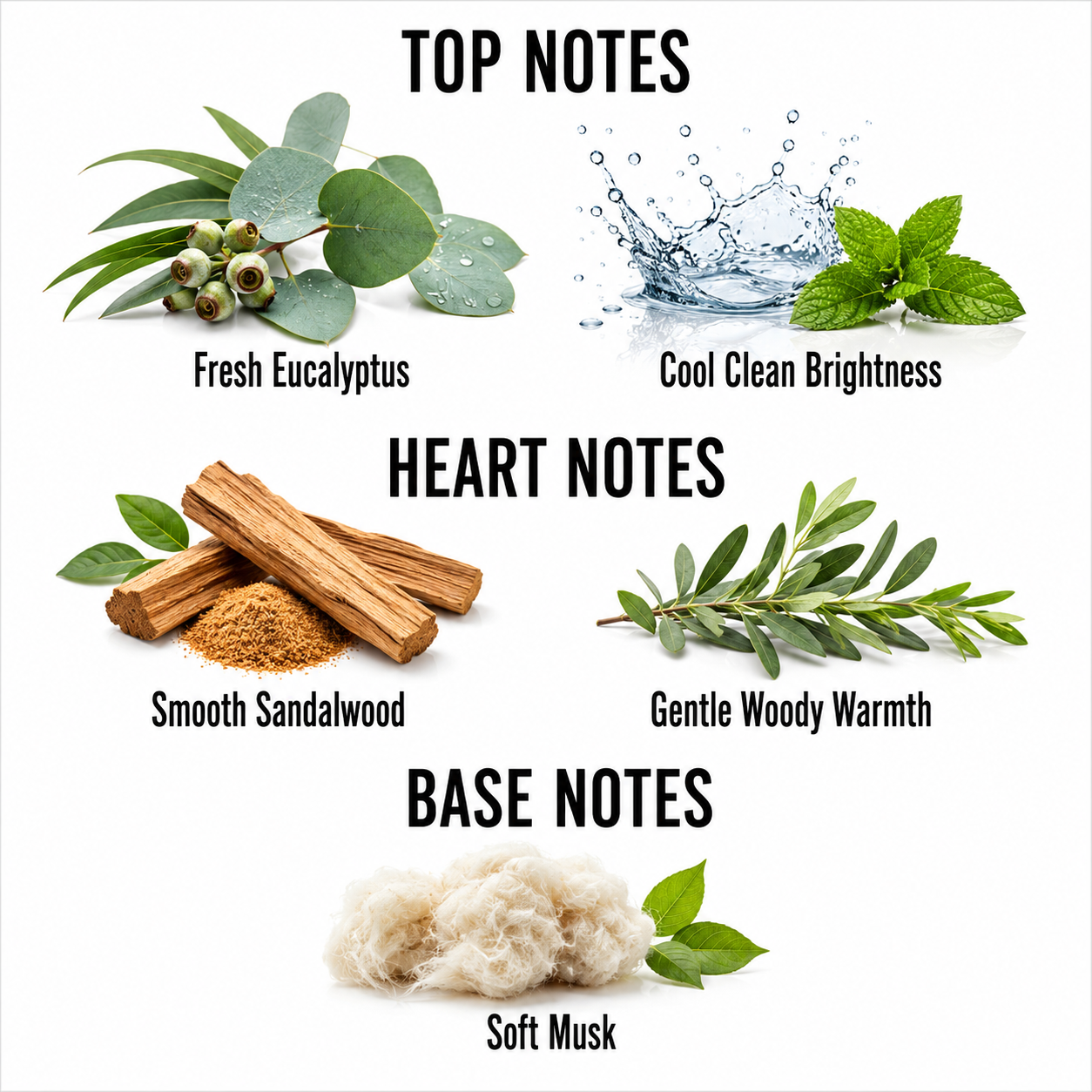 A fragrance notes graphic on a white background with the headings TOP NOTES, HEART NOTES, and BASE NOTES. Top notes include green eucalyptus leaves and berries with the text 'Fresh Eucalyptus' and a blue water splash with mint leaves and the text 'Cool Clean Brightness.
