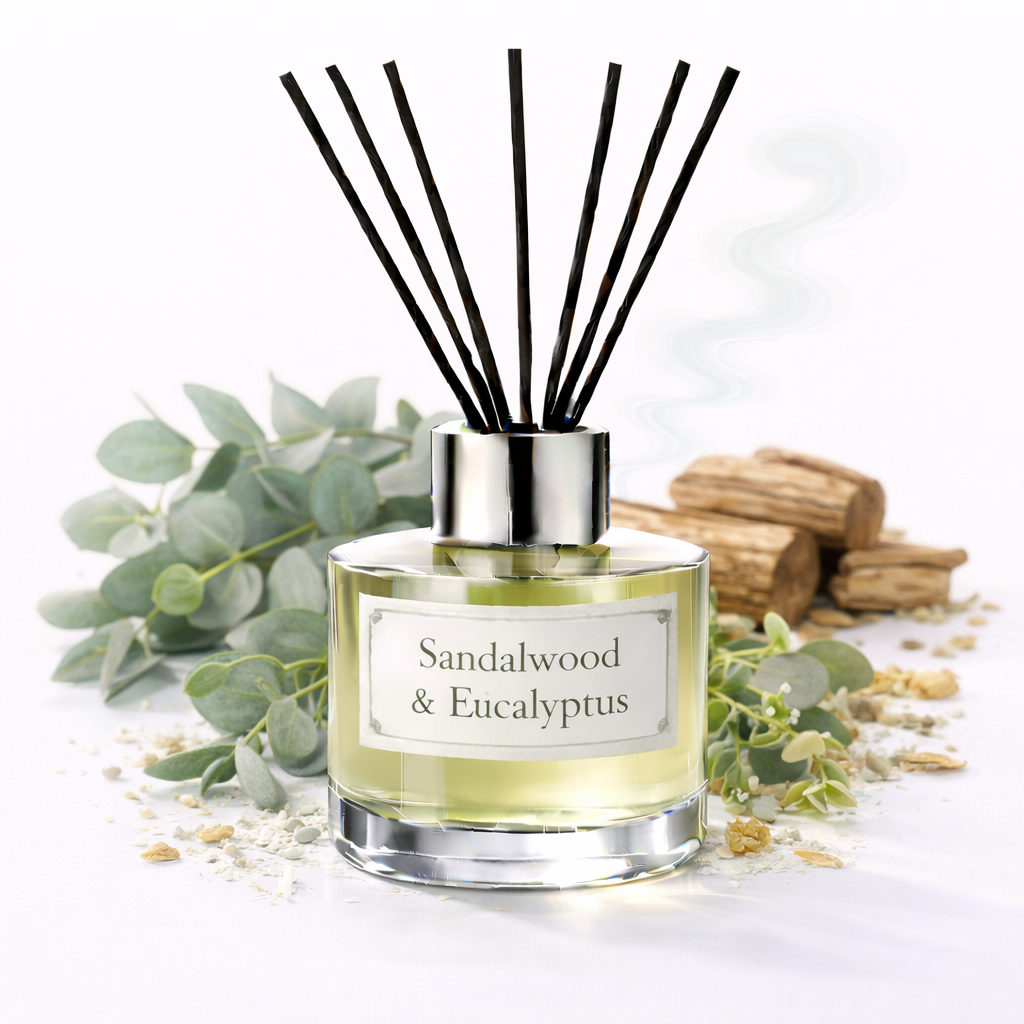 Sandalwood & Eucalyptus diffuser with reeds and eucalyptus leaves on a white background