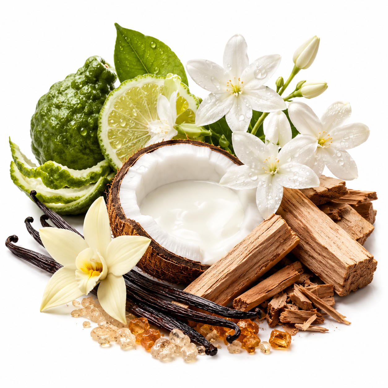 A styled arrangement of natural ingredients on a white background: a halved coconut with white cream, white flowers, a lime wedge and peel, vanilla beans, brown wood pieces, and small amber crystals.