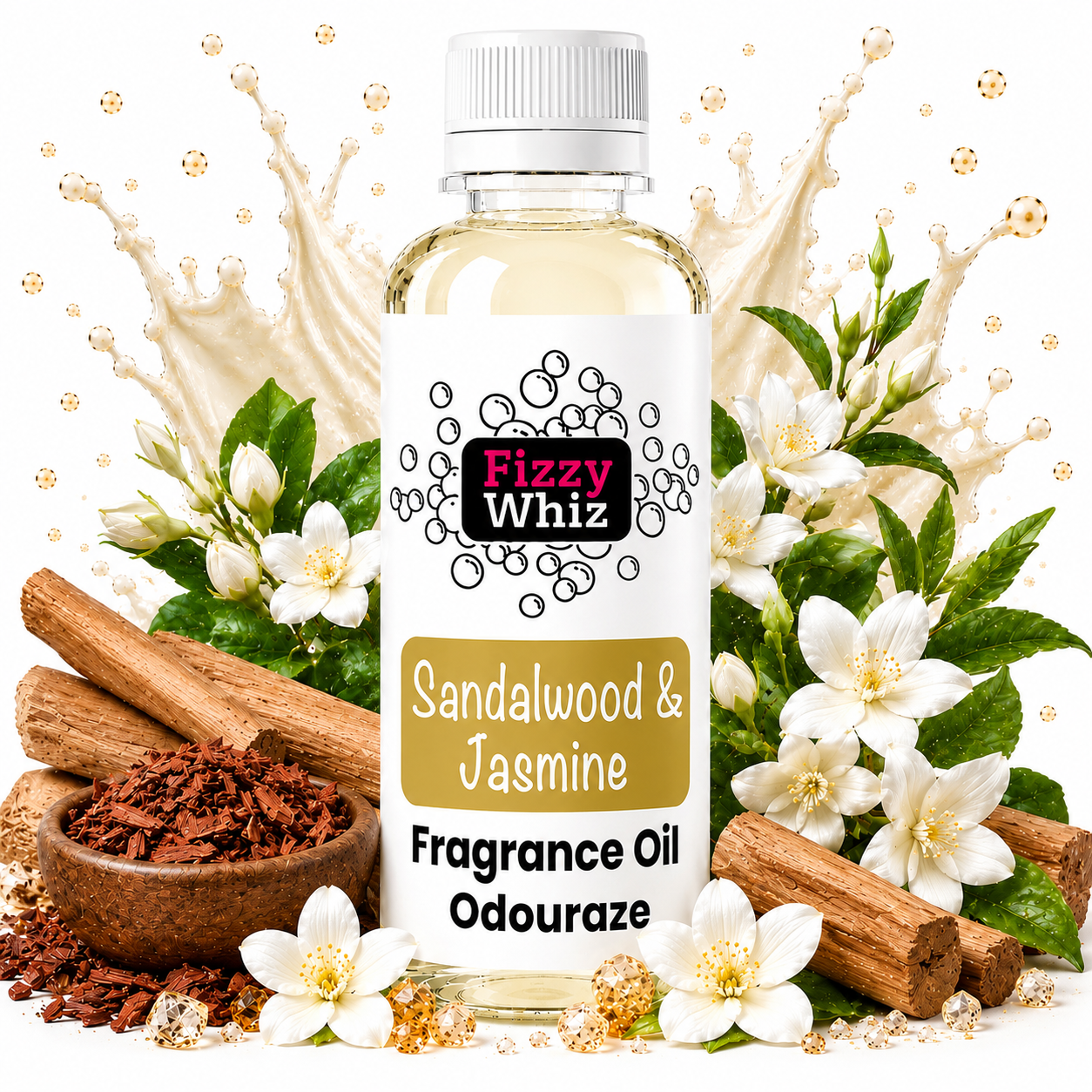 A bottle of Fizzy Whiz Sandalwood & Jasmine Fragrance Oil centered against a white background with decorative splashes, white flowers, green leaves, cinnamon sticks, and spice powder. The label clearly shows the brand 'Fizzy Whiz' and the scent name 'Sandalwood & Jasmine'.