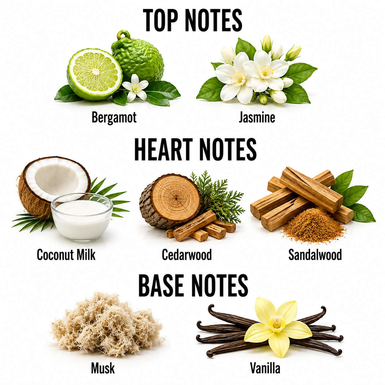 A fragrance notes graphic on a white background showing top, heart, and base notes with labeled ingredients: bergamot and jasmine in the top notes, coconut milk, cedarwood, and sandalwood in the heart notes, and musk and vanilla in the base notes.