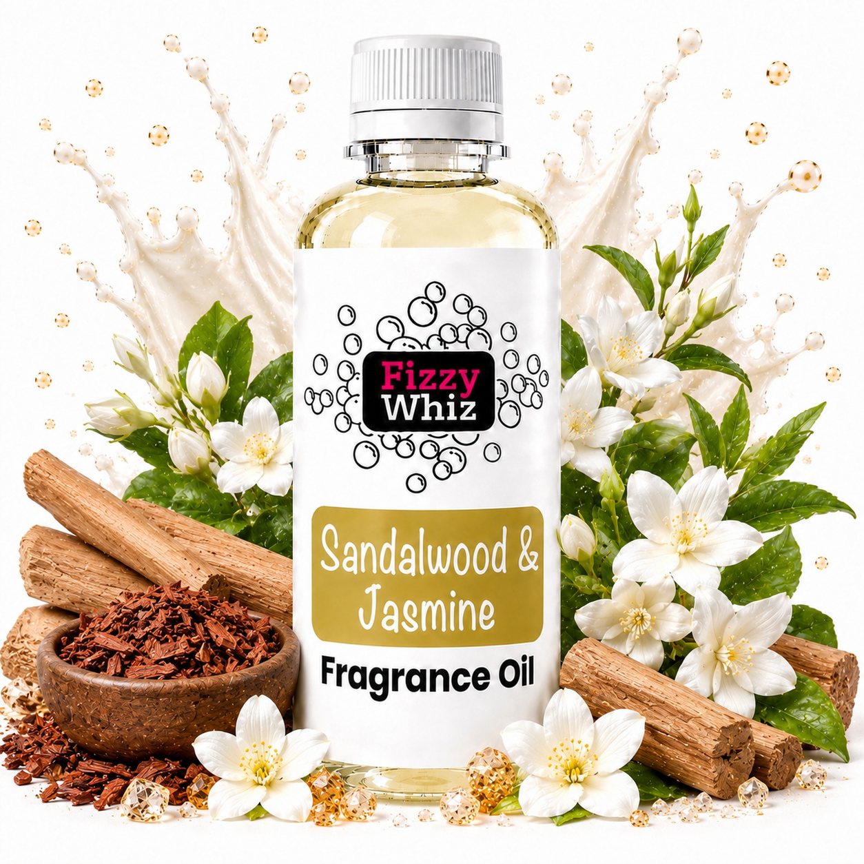 A bottle of Fizzy Whiz Sandalwood & Jasmine Fragrance Oil centered on a white background, surrounded by white jasmine flowers, green leaves, cinnamon sticks, a small bowl of dried spice, and a cream-colored liquid splash graphic. The bottle has a white cap and a white label with black text and a gold-toned scent panel.