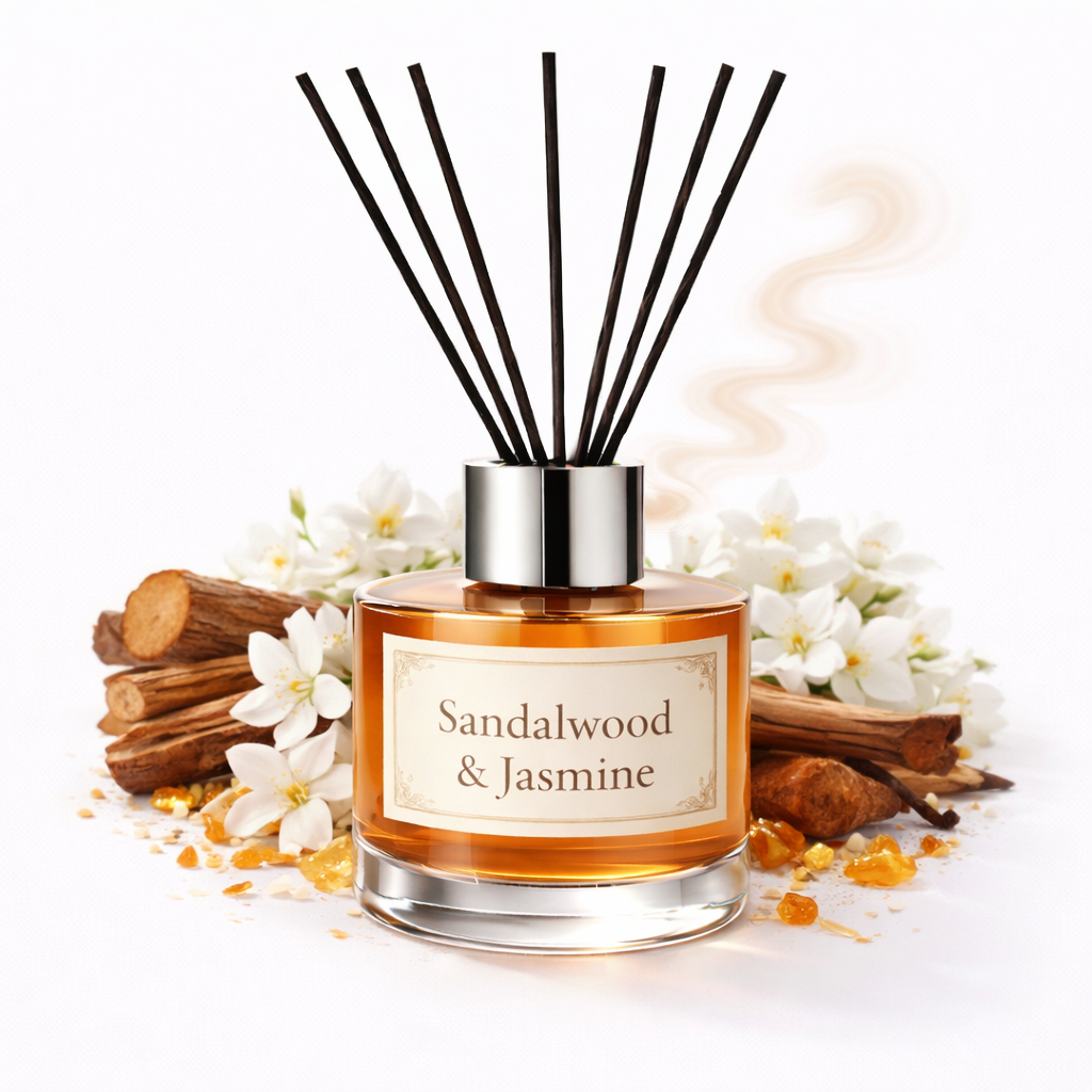 Diffuser bottle labeled 'Sandalwood  Jasmine' with reeds and floral elements on a light background