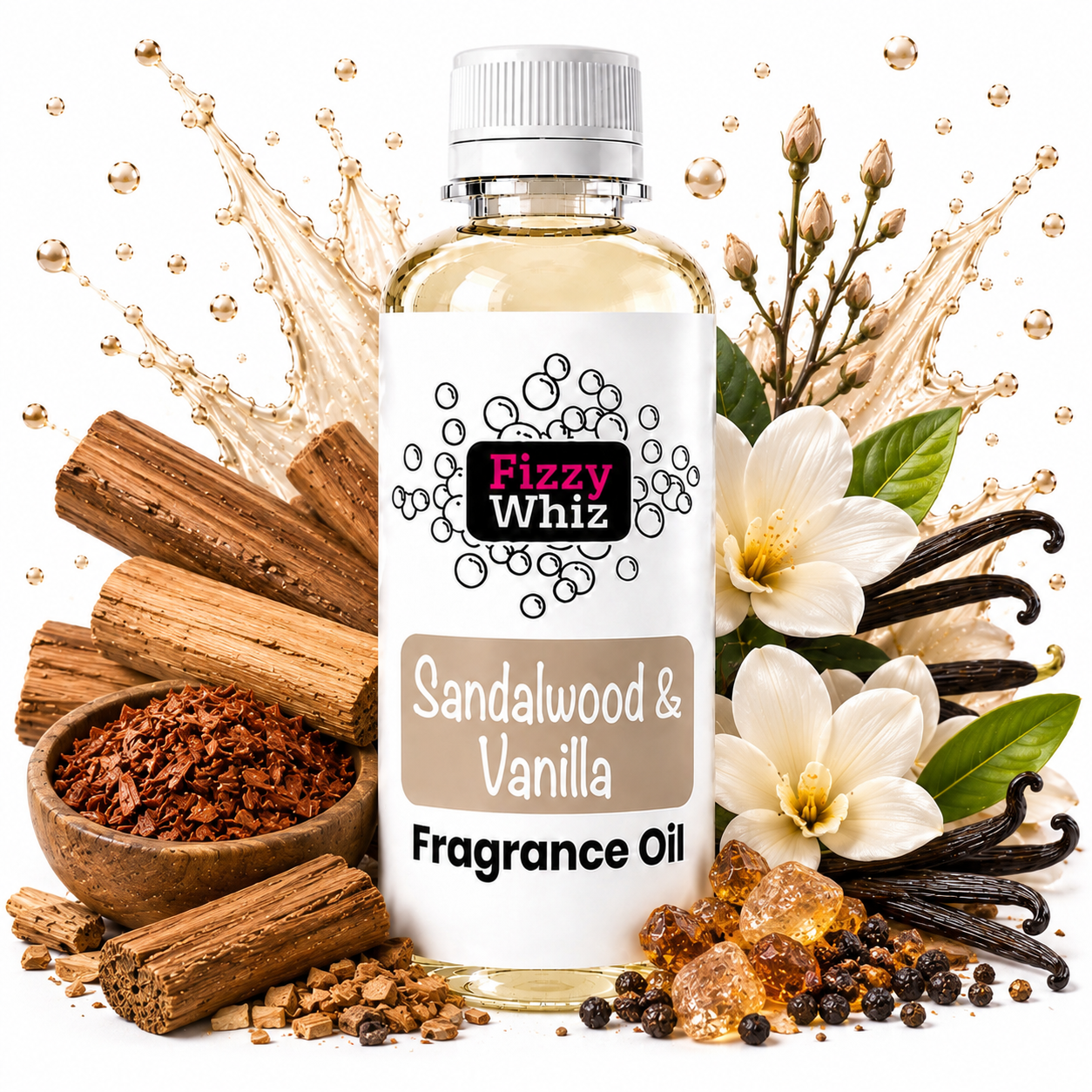 A bottle of Fizzy Whiz Sandalwood & Vanilla Fragrance Oil centered on a white background, surrounded by cinnamon sticks, vanilla flowers, vanilla beans, and spice crystals.