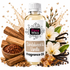 A bottle of Fizzy Whiz Sandalwood & Vanilla Fragrance Oil centered on a white background, surrounded by cinnamon sticks, vanilla flowers, vanilla beans, and spice crystals.