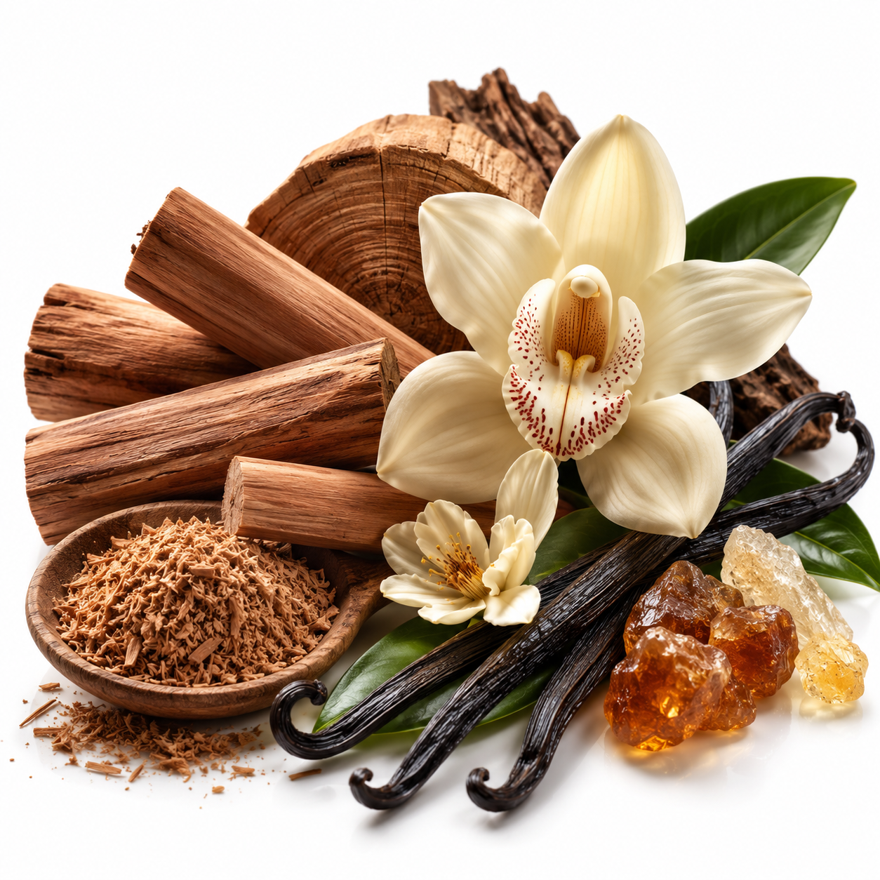 Natural vanilla extract ingredients arranged on a white background, including vanilla beans, vanilla flowers, cinnamon sticks, a wooden bowl of ground vanilla, green leaves, and amber sugar crystals.