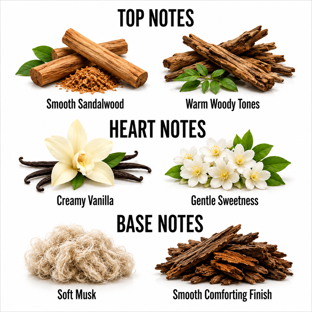 A fragrance notes graphic on a white background showing top, heart, and base notes with illustrated ingredients: smooth sandalwood, warm woody tones, creamy vanilla, gentle sweetness, soft musk, and smooth comforting finish.