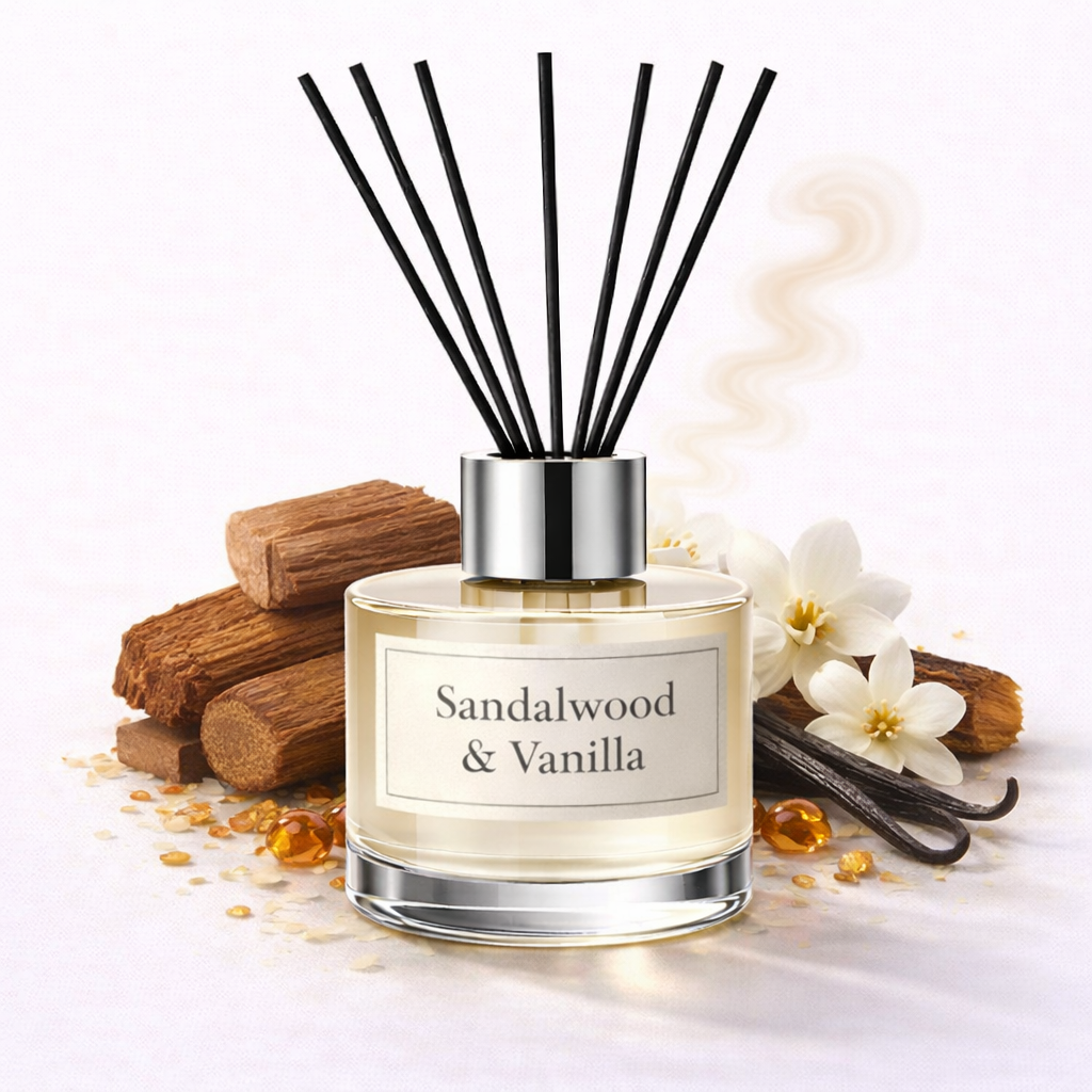 Diffuser bottle labeled 'Sandalwood & Vanilla' with reeds, cinnamon sticks, and vanilla flowers on a light background