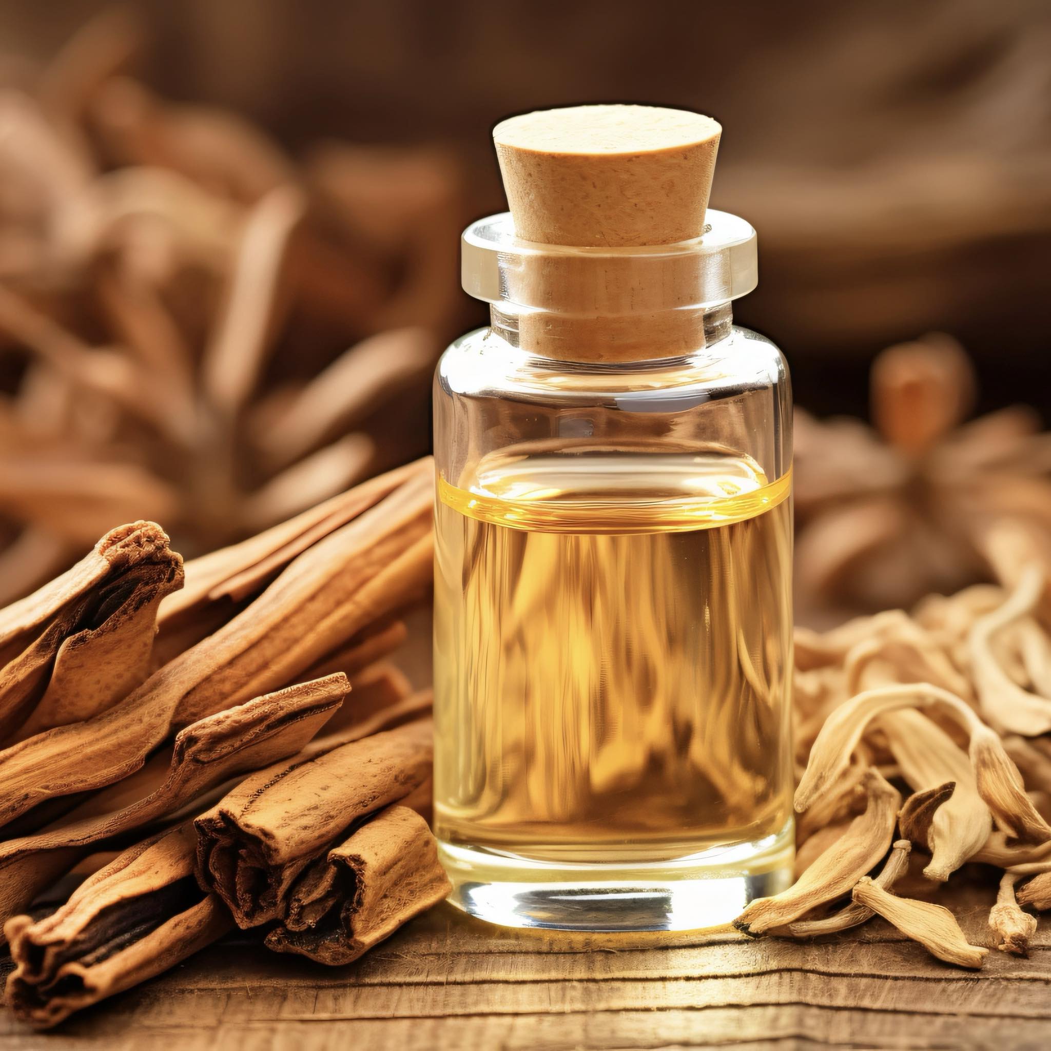 A clear glass bottle filled with yellow fragrance oil, alongside sandalwood and vanilla pods.