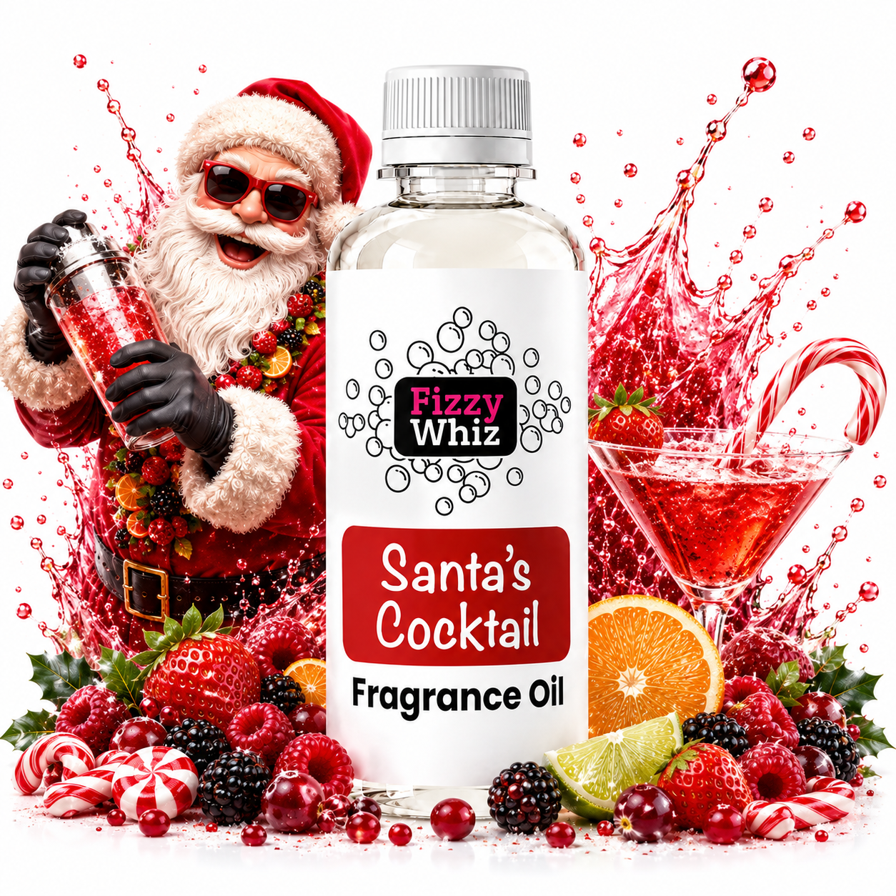 A bottle of Fizzy Whiz Santa's Cocktail Fragrance Oil centered on a white background, surrounded by festive holiday props including a Santa Claus figure, a martini glass with red liquid, candy canes, strawberries, blackberries, orange slices, and lime wedges.