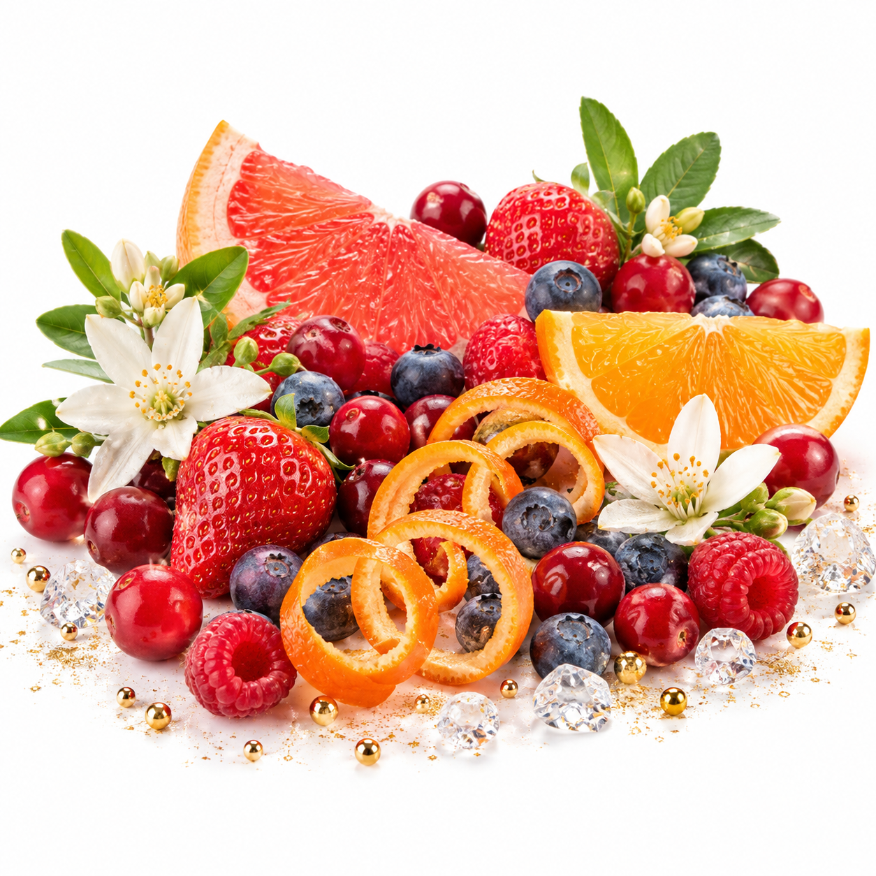 A colorful assortment of fresh fruits and flowers arranged on a white background, including grapefruit, orange slices, strawberries, blueberries, raspberries, cherries, white flowers, green leaves, and scattered clear decorative stones with small gold beads.