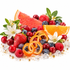 A colorful assortment of fresh fruits and flowers arranged on a white background, including grapefruit, orange slices, strawberries, blueberries, raspberries, cherries, white flowers, green leaves, and scattered clear decorative stones with small gold beads.