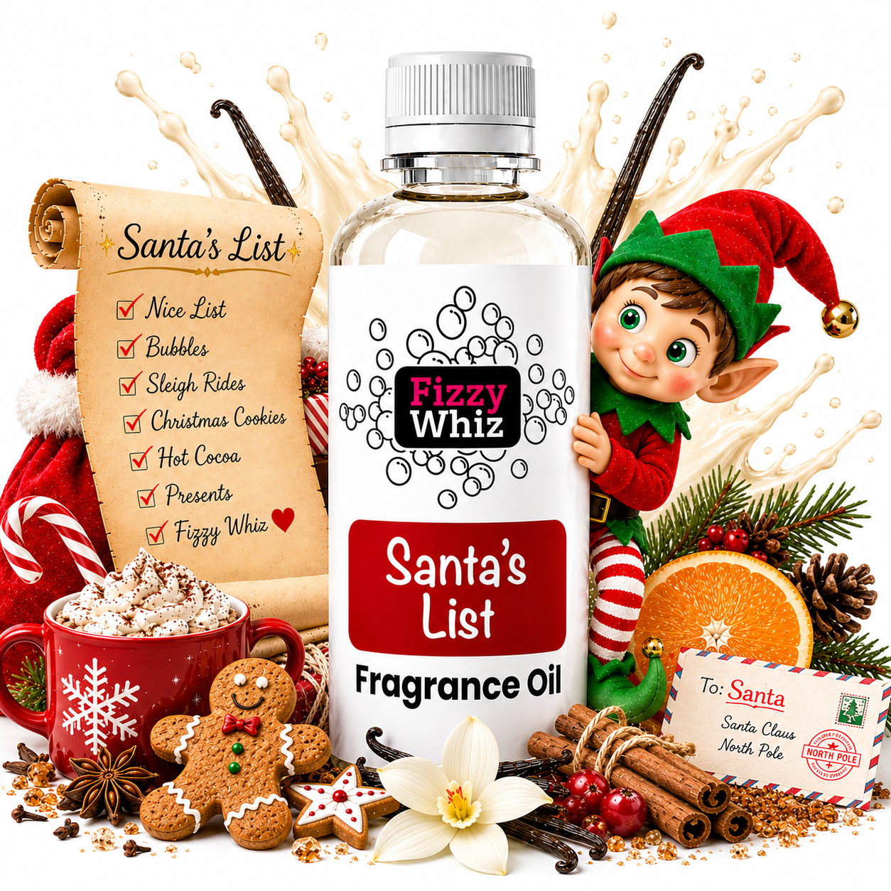 A bottle of Fizzy Whiz Santa's List Fragrance Oil centered on a festive holiday background with an elf, mug of hot cocoa, gingerbread cookies, cinnamon sticks, an orange slice, pine branches, and a Santa list scroll.