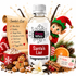 A bottle of Fizzy Whiz Santa's List Fragrance Oil centered on a festive holiday background with an elf, mug of hot cocoa, gingerbread cookies, cinnamon sticks, an orange slice, pine branches, and a Santa list scroll.