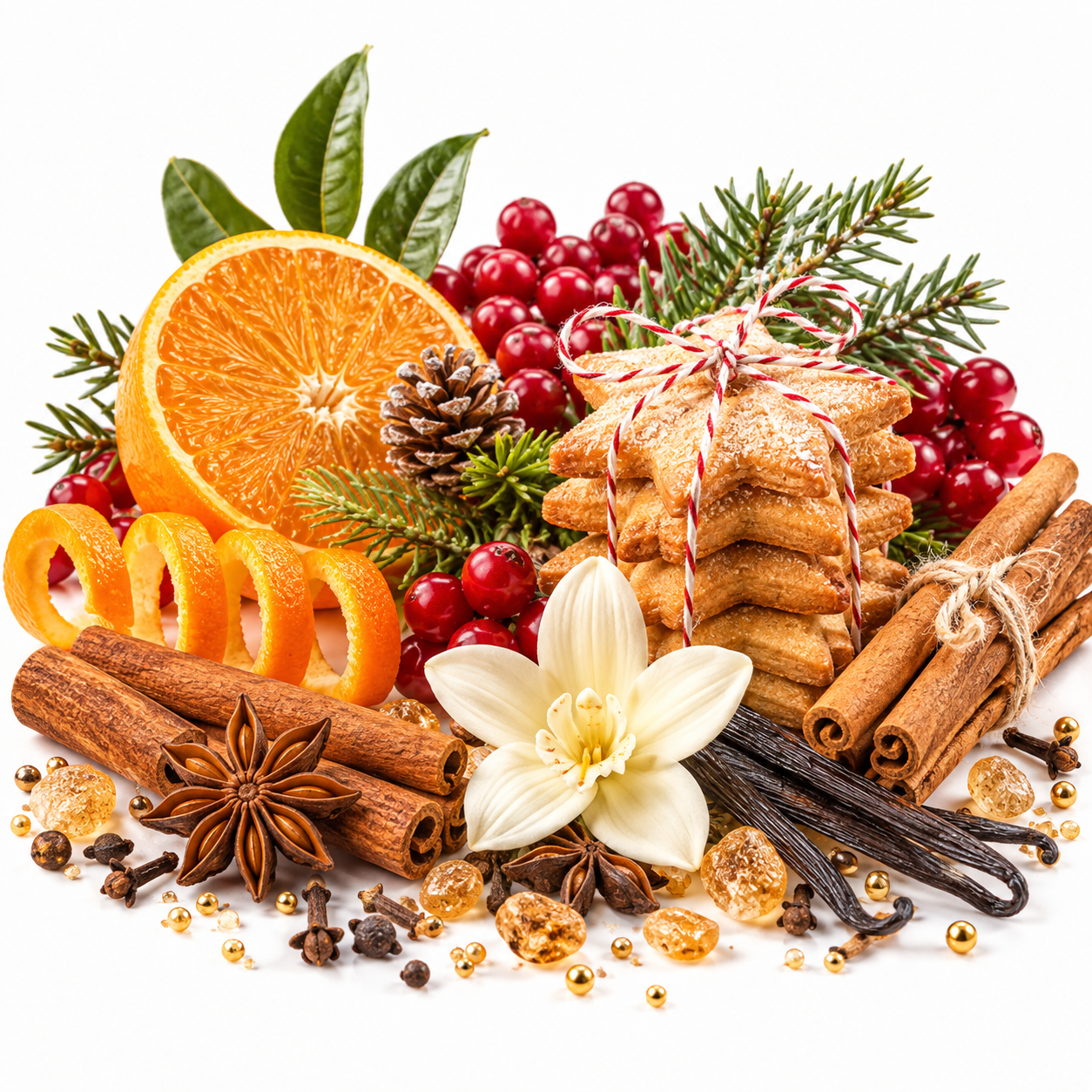 A festive holiday still life featuring star-shaped gingerbread cookies tied with red-and-white twine, cinnamon sticks, vanilla beans, star anise, orange slices, cranberries, evergreen branches, a white flower, and gold beads on a white background.