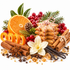 A festive holiday still life featuring star-shaped gingerbread cookies tied with red-and-white twine, cinnamon sticks, vanilla beans, star anise, orange slices, cranberries, evergreen branches, a white flower, and gold beads on a white background.