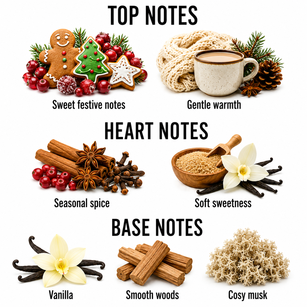 A fragrance notes graphic on a white background with three labeled sections: Top Notes, Heart Notes, and Base Notes. The top notes include gingerbread cookies, a Christmas tree, star topper, wrapped scarf, and a mug of coffee with pinecones and berries.