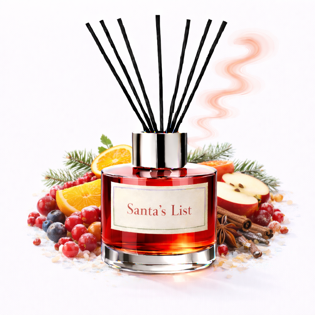 Reed diffuser labeled 'Santa's List' surrounded by fruits and spices on a white background