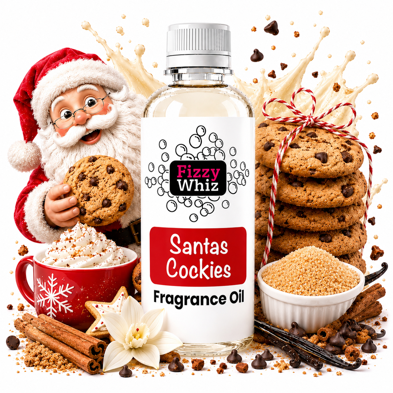A bottle of Fizzy Whiz 'Santa's Cookies' fragrance oil centered against a white background, surrounded by festive holiday props including a Santa Claus figure, chocolate chip cookies, cinnamon sticks, brown sugar, a mug of whipped cream, and scattered cookie crumbs.