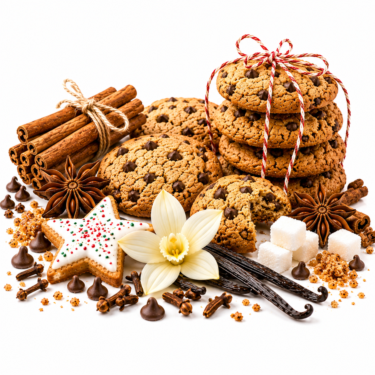 A styled arrangement of holiday cookies and baking ingredients on a white background, including chocolate chip cookies tied with red-and-white string, cinnamon sticks, star anise, vanilla beans, sugar cubes, chocolate chips, a star-shaped iced cookie, and a white flower.
