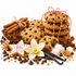 A styled arrangement of holiday cookies and baking ingredients on a white background, including chocolate chip cookies tied with red-and-white string, cinnamon sticks, star anise, vanilla beans, sugar cubes, chocolate chips, a star-shaped iced cookie, and a white flower.