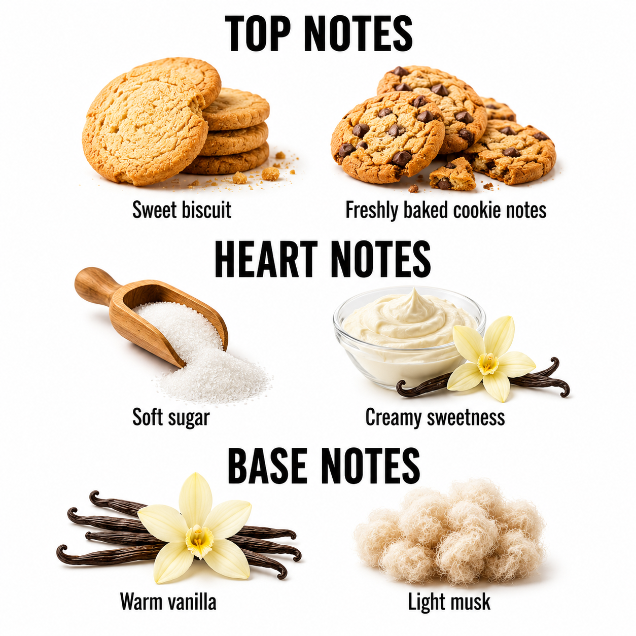 A fragrance notes graphic on a white background with the headings TOP NOTES, HEART NOTES, and BASE NOTES. Top notes are shown with images of cookies labeled Sweet biscuit and Freshly baked cookie notes.
