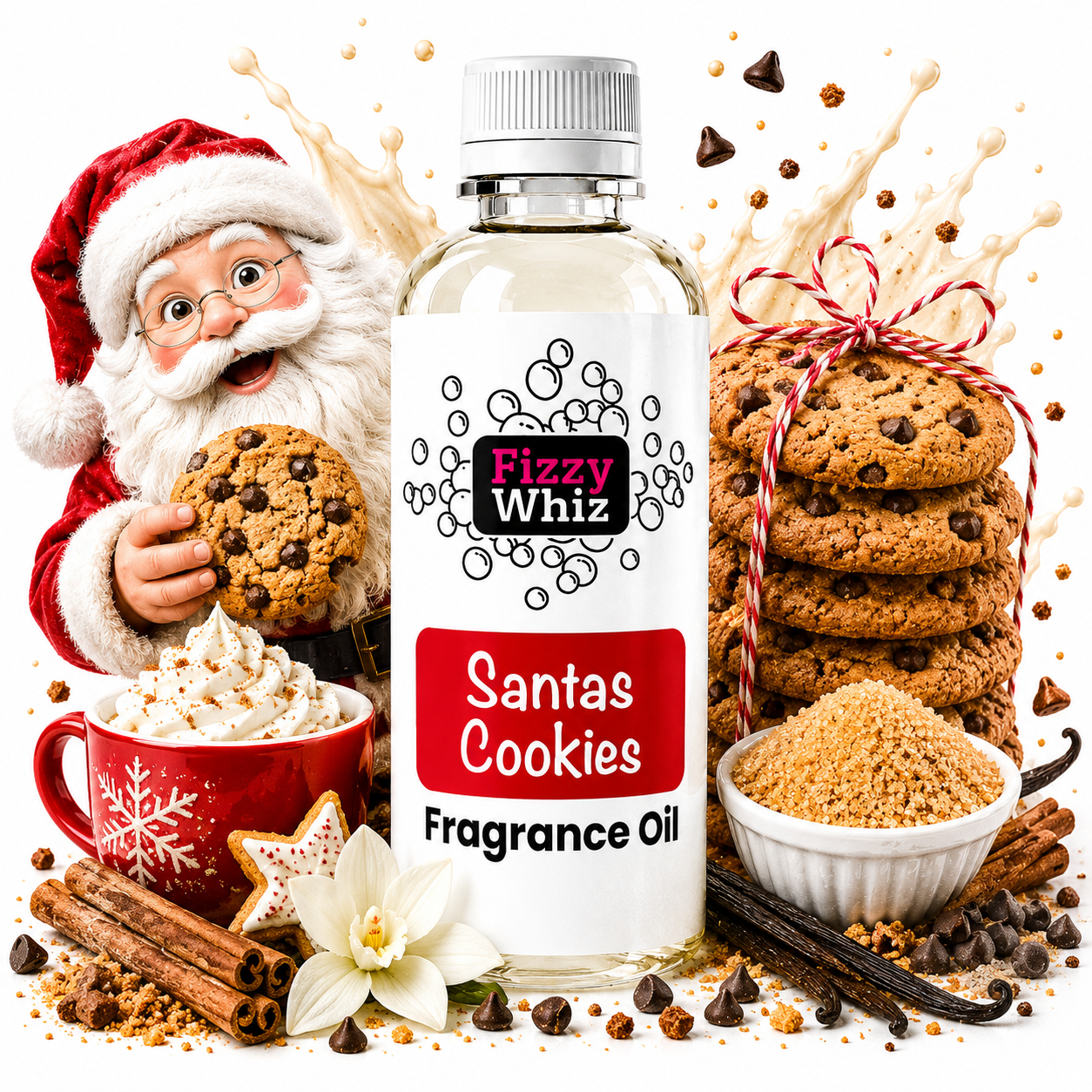 A bottle of Fizzy Whiz Santa Cookies fragrance oil centered on a white background, surrounded by holiday-themed props including a Santa Claus figure, chocolate chip cookies, brown sugar, cinnamon sticks, a mug of whipped cream, and cookie crumbs.