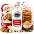 A bottle of Fizzy Whiz Santa Cookies fragrance oil centered on a white background, surrounded by holiday-themed props including a Santa Claus figure, chocolate chip cookies, brown sugar, cinnamon sticks, a mug of whipped cream, and cookie crumbs.