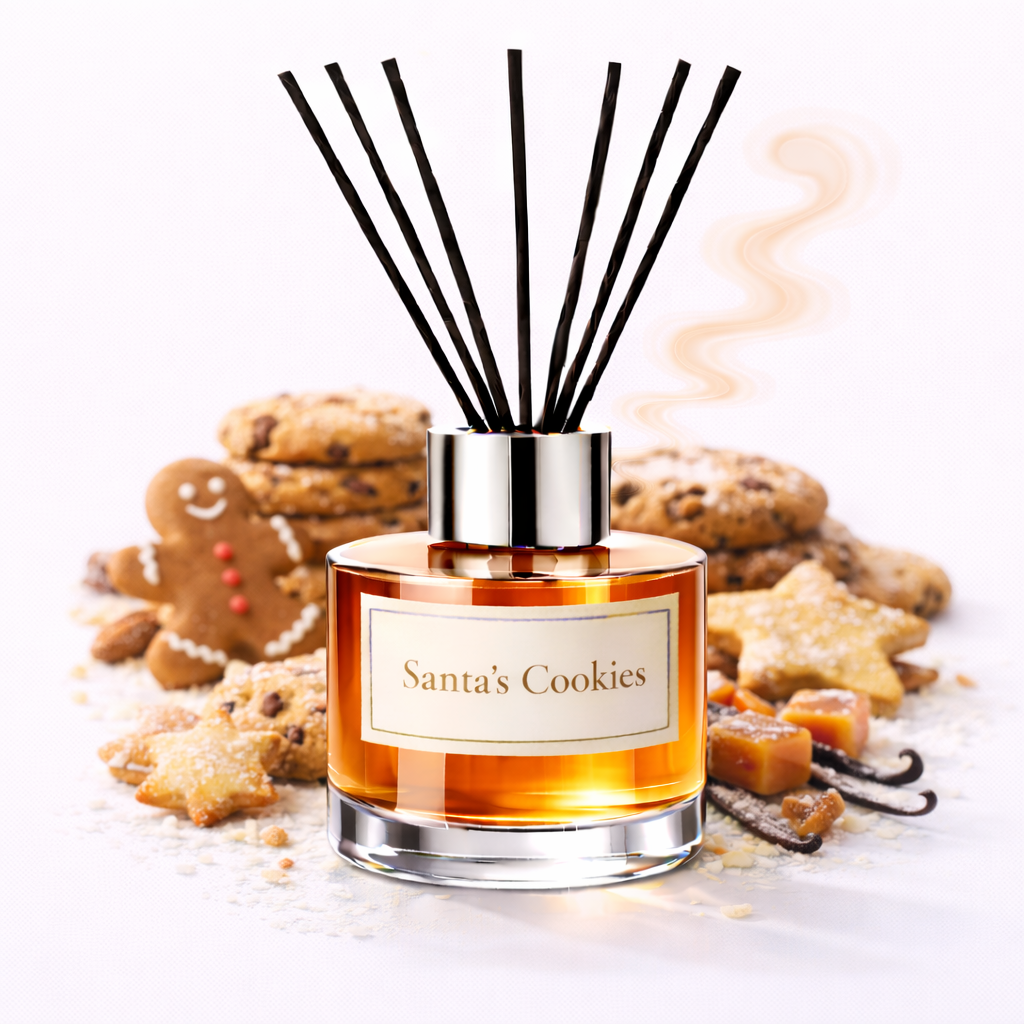 Diffuser labeled 'Santa's Cookies' with cookies and a gingerbread man on a light background